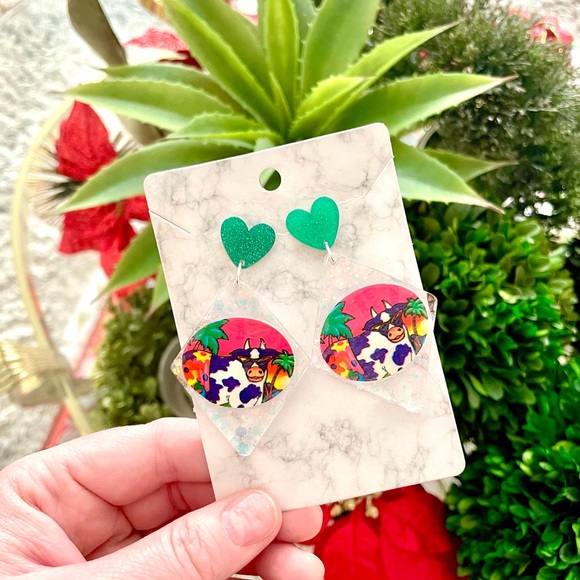 Lisa Frank Cow Sticker Acrylic Earrings - Picture 3 of 4